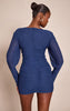 Navy Woven Boat Neck Long Sleeve Ruched Mini Dress