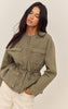 Olive Round Neck Pocket Front Cinch Denim Jacket