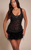 Shape Black Floral Sheer Sequin Feather Trim Mini Dress