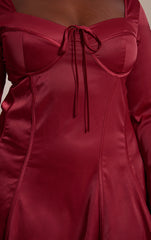 Plus Burgundy Satin Long Sleeve Mini Dress