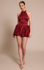 Burgundy Woven Jacquard Halterneck Puffball Dress