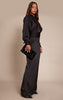 PLT Label Black Satin Long Sleeve Plunge Maxi Dress