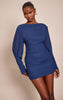 Navy Woven Boat Neck Long Sleeve Ruched Mini Dress