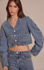 Vintage V Neck Curved Hem Cropped Denim Jacket