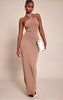 Mocha Trim Halter Neck Knitted Maxi Dress