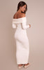 Cream Ribbed Fold Over Bardot Long Sleeve Maxi Dress