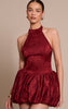Burgundy Woven Jacquard Halterneck Puffball Dress