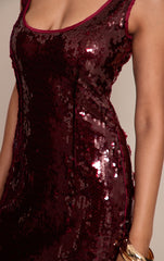 Wine Sequin Scoop Neck Sleeveless Maxi Dress