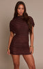 Chocolate Mesh Overlay Ruched Short Sleeve Mini Dress
