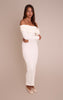 Cream Ribbed Fold Over Bardot Long Sleeve Maxi Dress