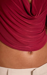 Wine Slinky Tie Back Cowl Neck Top