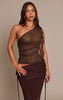Chocolate Textured Lace Frill Drape Detail Asymmetric Top