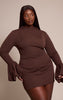 Plus Chocolate High Neck Puff Sleeve Bodycon Dress