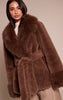 Petite Chocolate Plush Faux Fur Self Tie Coat