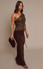 Chocolate Textured Lace Frill Drape Detail Asymmetric Top