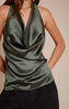 Forest Green Satin Drape Plunge Cowl Top