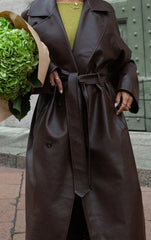 Brown Faux Leather Maxi Trench Coat