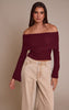 Wine Ultra Soft Deep Foldover Bardot Long Sleeve Top