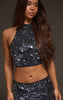 Black Sequin High Neck Scoop Back Crop Top