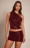 Dark Wine Glitter Ruched Mini Skirt Mid Rise