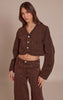 Chocolate V Neck Curved Hem Cropped Denim Jacket