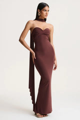 Sheila | Dark Brown Bandeau Maxi Dress With Scarf Detail