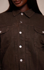 Plus Dark Chocolate Pleat Detail Boxy Denim Jacket