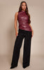 Wine Faux Leather Highneck Asymmetric Hem Long Top