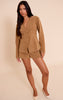 Tan Structured Faux Suede Cinched Waist Blazer