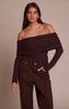 Chocolate Textured Wool Look Fold Over Detail Long Sleeve Top