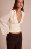 Cream Double Layer Slinky Drape Plunge Long Sleeve Long Top