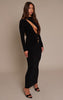 PLT Label Black Double Layer Slinky Trim Detail Asymmetric Plunge Maxi Dress