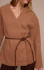 Camel Collarless Wrap Style Tie Waist Wool Look Coat