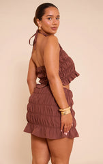 Shape Chocolate Hammered Satin Ruched Halterneck Top