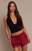 Wine Satin Lace Drawstring Shorts