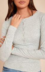 Grey Marl Soft Rib Button Up Fitted Long Sleeve Top