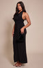 Shape Black Halter Neck Tie Back Gold Trim Cowl Maxi Dress