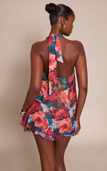 Floral Print Chiffon Cowl Neck Ruched Mini Dress