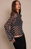 Black Polka Dot Mesh Flared Long Sleeve Top