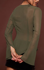 Dark Green Chiffon Cowl Plunge Blouse