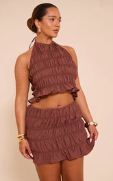 Shape Chocolate Hammered Satin Ruched Halterneck Top