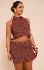 Shape Chocolate Hammered Satin Ruched Halterneck Top