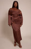 Plus Chocolate Satin Ruched Detail Off Shoulder Maxi Dress
