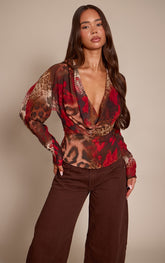 Red Printed Chiffon Cowl Neck Long Sleeve Blouse