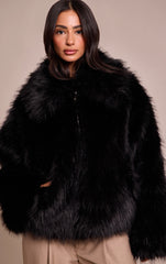 Petite Black Oversized Collar Faux Fur Coat