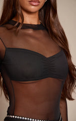 Black Bust Panel Mesh High Neck Long Sleeve Bodysuit