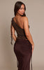 Chocolate Textured Lace Frill Drape Detail Asymmetric Top