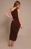 Chocolate Glitter Plisse Ruched One Shoulder Midi Dress