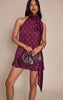Plum Satin Poka Dot Scarf Mini Dress