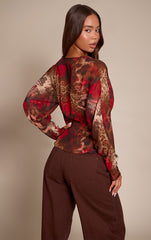 Red Printed Chiffon Cowl Neck Long Sleeve Blouse